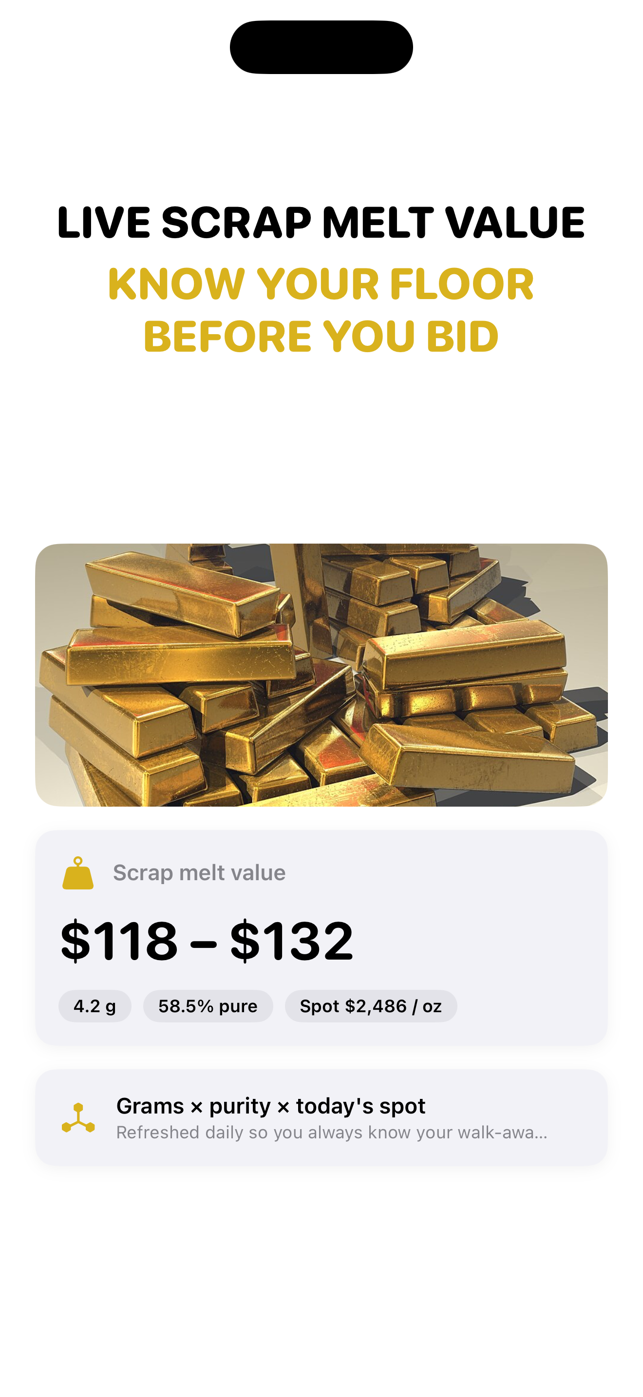 Live scrap melt value — grams times purity times today's spot price